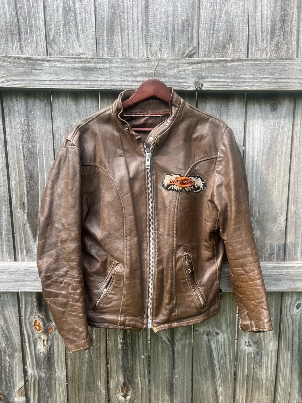 Schott NYC Brown Leather Bomber Jacket with Harley Davidson Broken Wings Patch